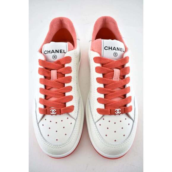 Chanel 22P White Leather Red CC Logo Flat Lace Up Tie Runner Trainer Sneaker 38 - Picture 7 of 12
